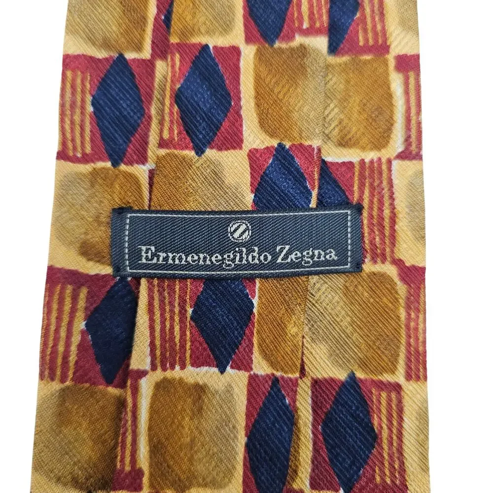 Ermenegildo Zegna Silk Tie Gold Red Blue Geometric Diamond Designer Italy 58.25